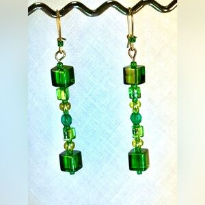 Earrings Pierced Handcrafted Unique Design Women Faceted Glass Beads Green Gold